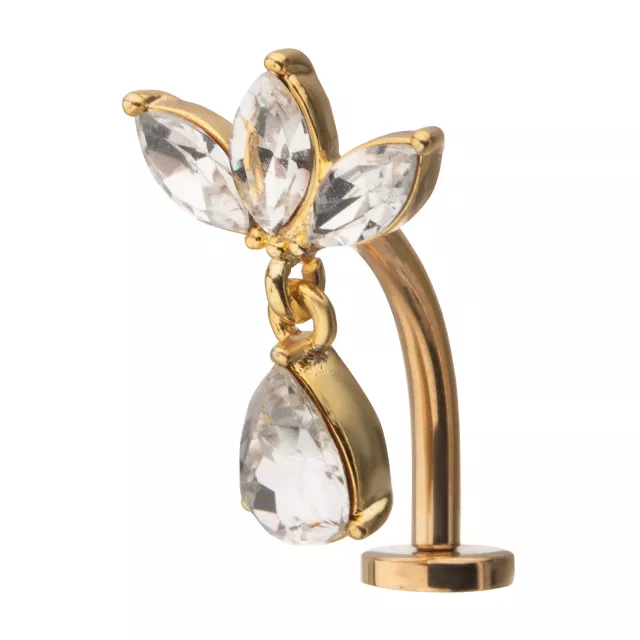 CZ Flower Teardrop Goldtone Titanium Bar Belly Ring - 14 Gauge