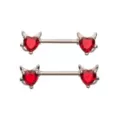 CZ Red Heart Devil Horn Nipple Barbells - 14 Gauge at Spencer's