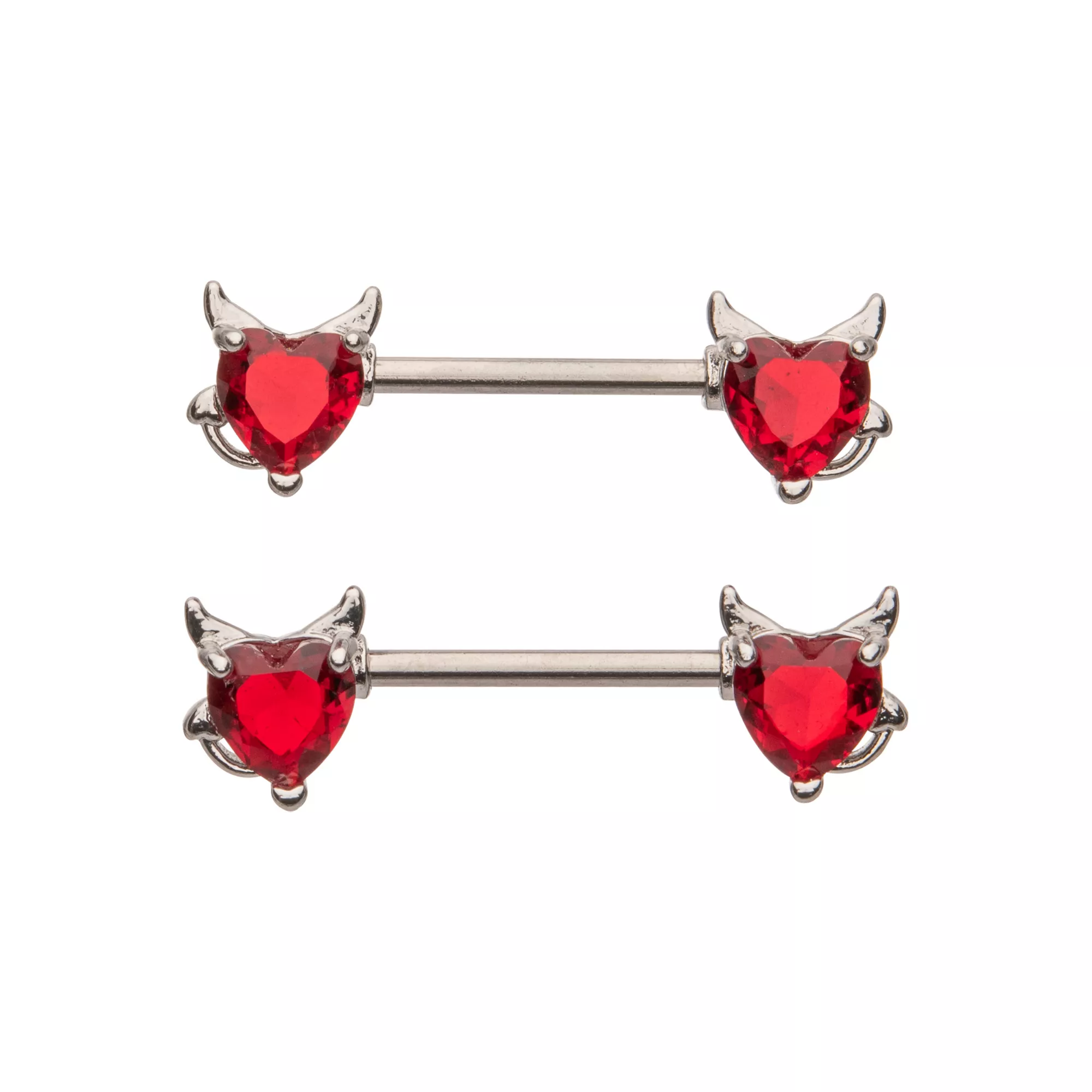 CZ Red Heart Devil Horn Nipple Barbells - 14 Gauge at Spencer's