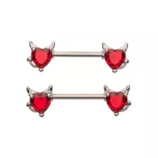 CZ Red Heart Devil Horn Nipple Barbells - 14 Gauge at Spencer's