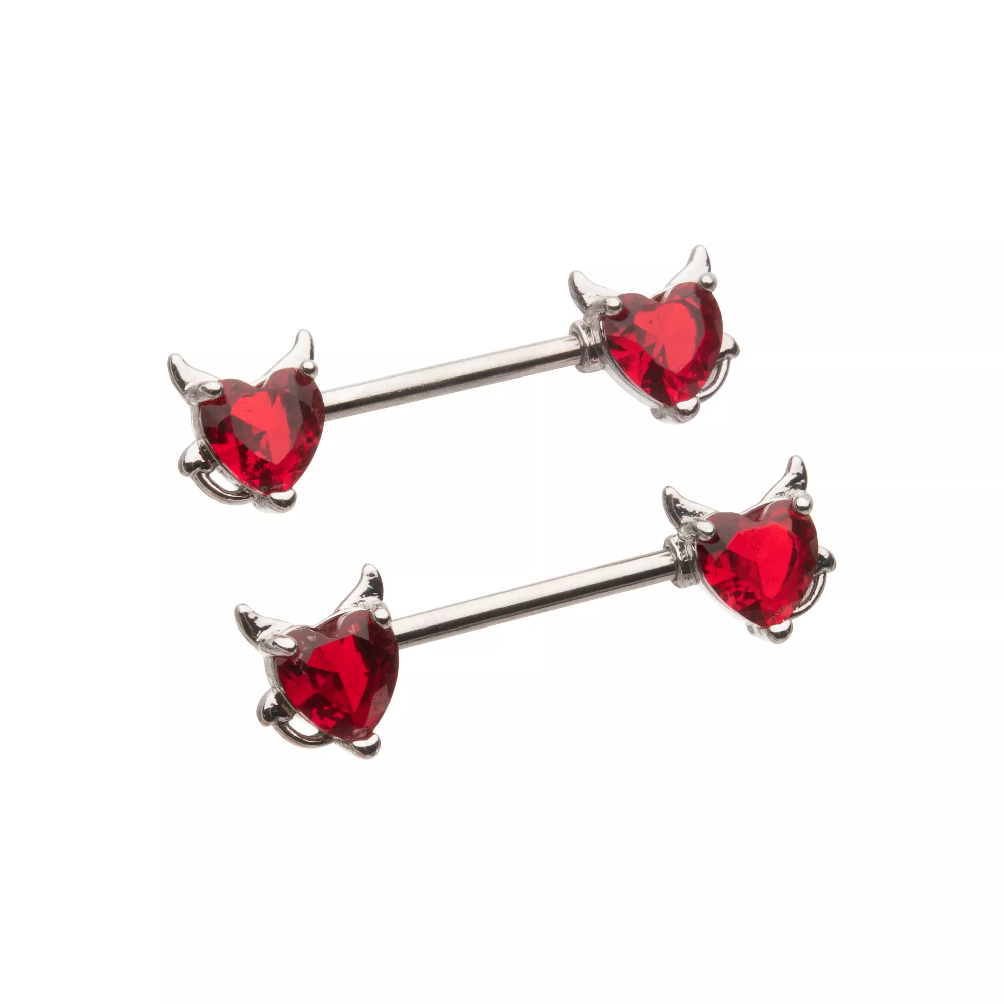 CZ Red Heart Devil Horn Nipple Barbells - 14 Gauge at Spencer's