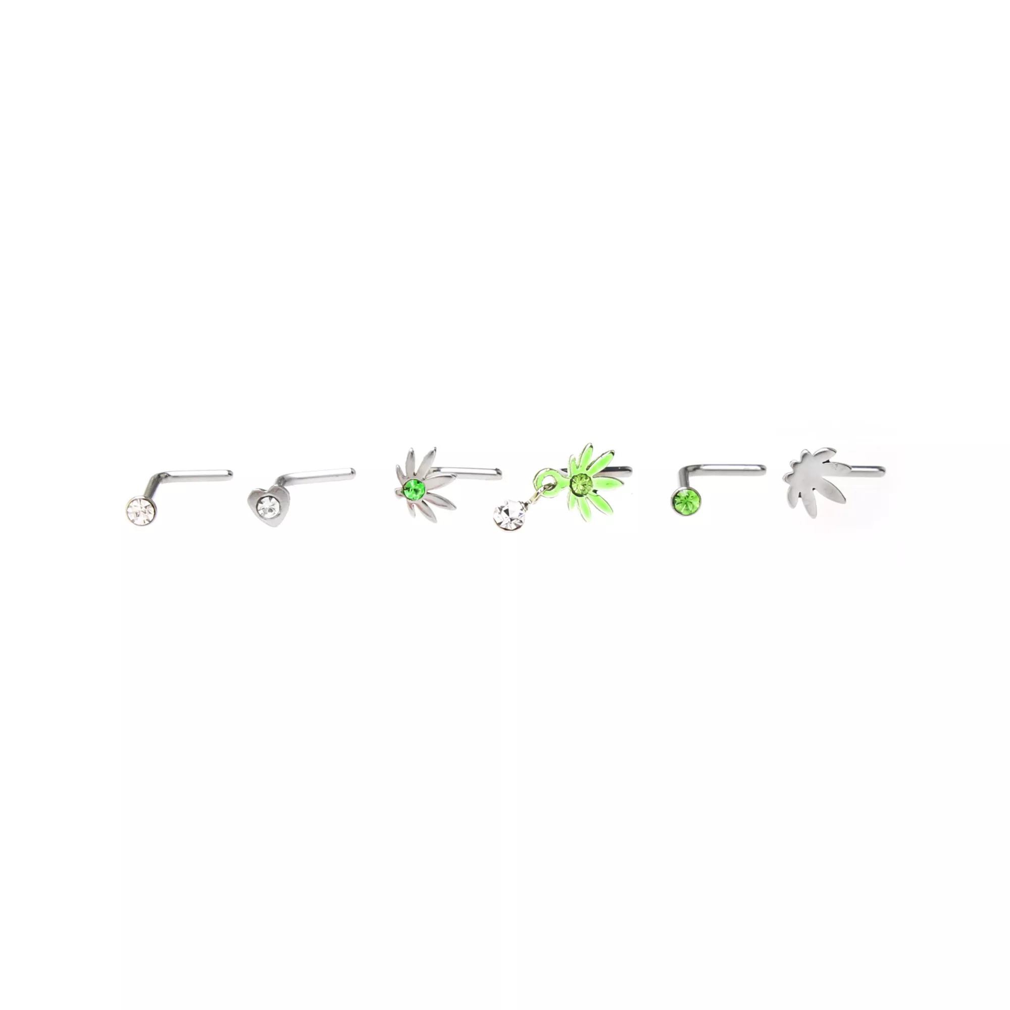 Multi-Pack CZ Heart and Weed Leaf L-Bend Nose Pins 6 Pack - 20 Gauge at Spencer's