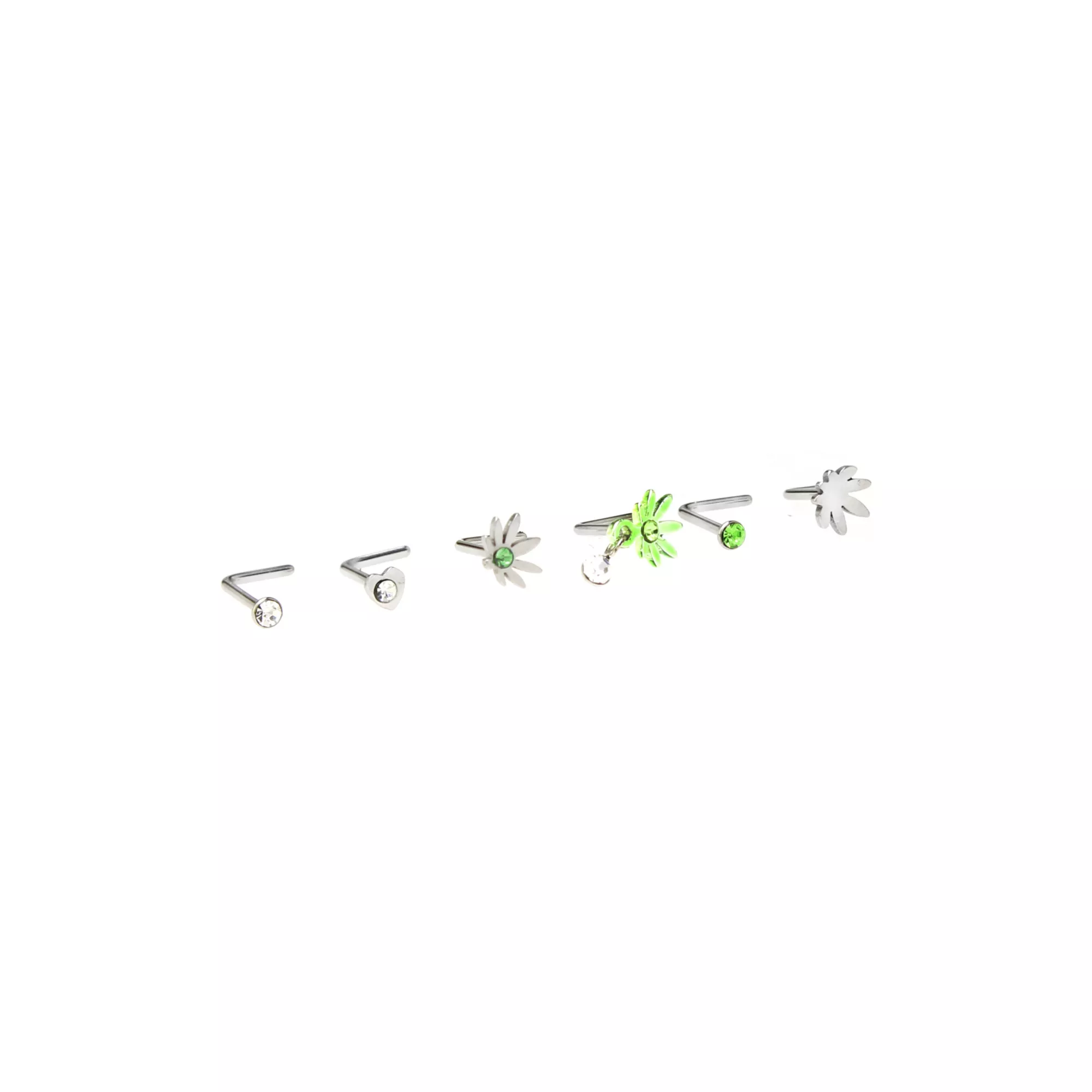 Multi-Pack CZ Heart and Weed Leaf L-Bend Nose Pins 6 Pack - 20 Gauge at Spencer's