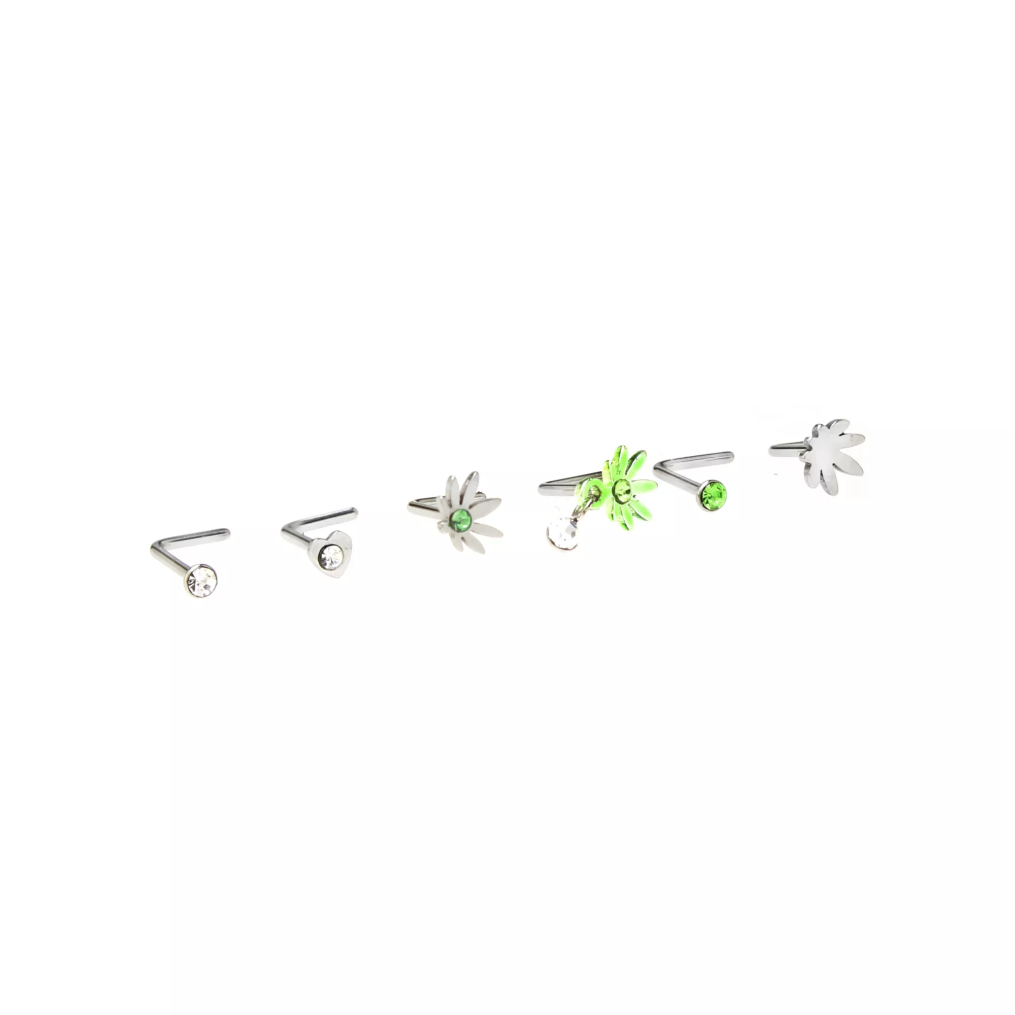Multi-Pack CZ Heart and Weed Leaf L-Bend Nose Pins 6 Pack - 20 Gauge at Spencer's