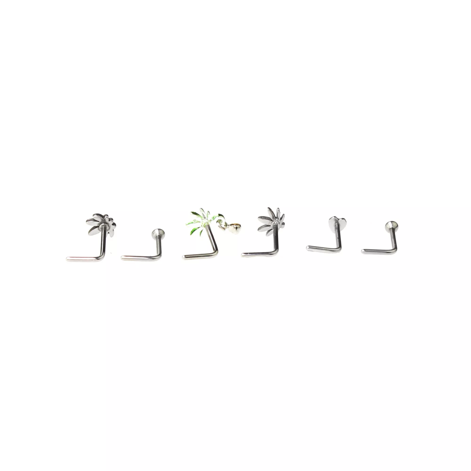 Multi-Pack CZ Heart and Weed Leaf L-Bend Nose Pins 6 Pack - 20 Gauge at Spencer's