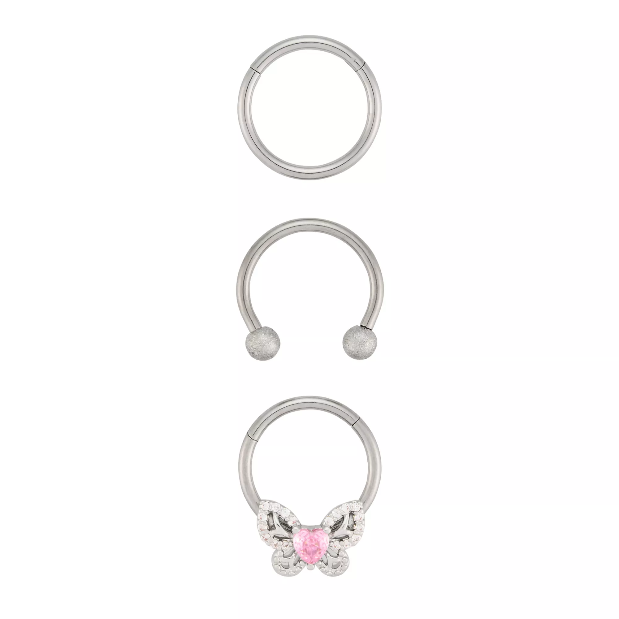 Multi-Pack CZ Sparkle Pink Butterfly Septum Rings 3 Pack - 16 Gauge at Spencer's
