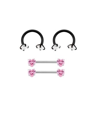 Multi-Pack Black and Pink Heart Horseshoe Rings and Nipple Barbells 2 Pair - 14 Gauge