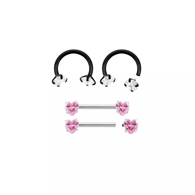Multi-Pack Black and Pink Heart Horseshoe Rings and Nipple Barbells 2 Pair - 14 Gauge at Spencer's