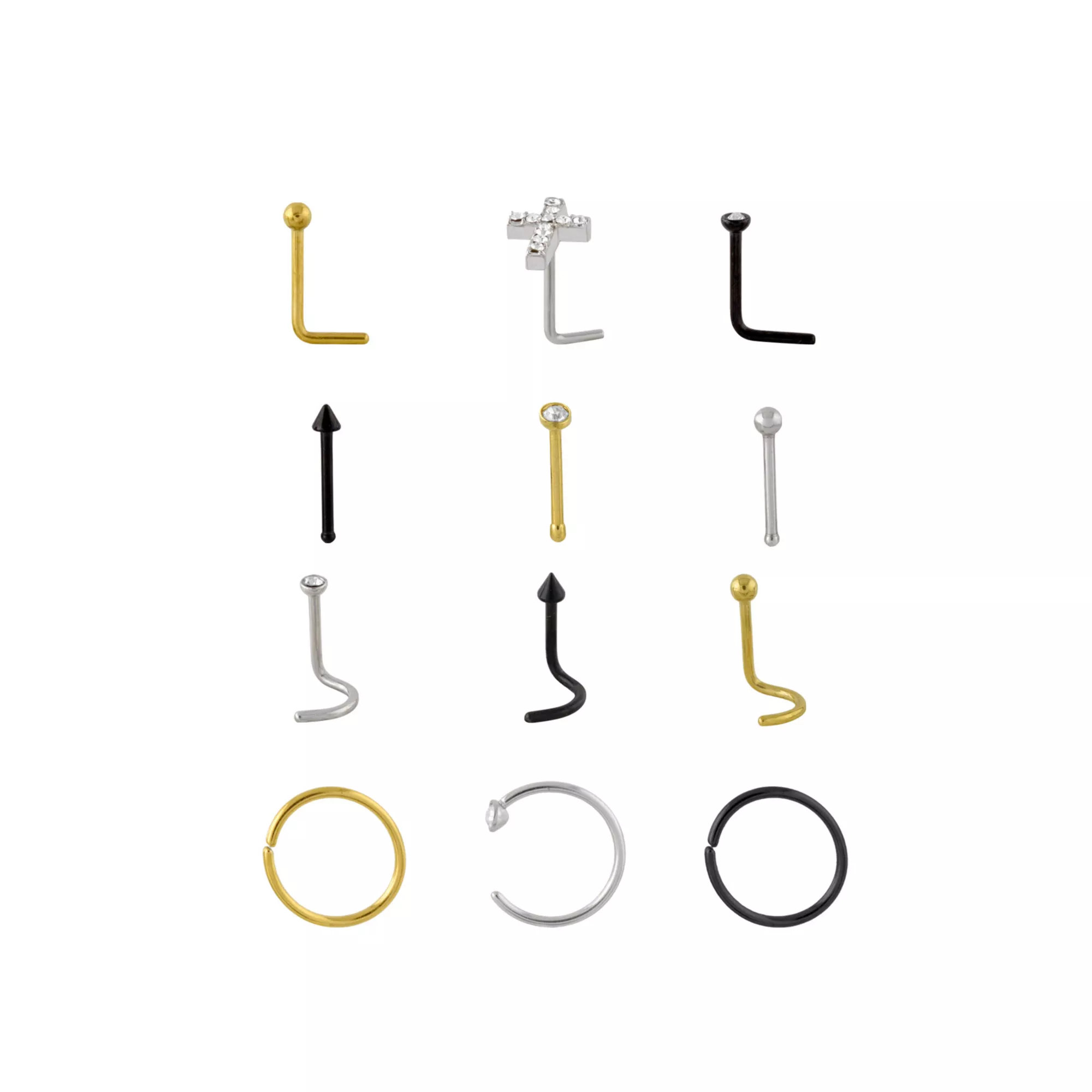 Multi-Pack CZ Cross Goldtone and Black Nose Rings 12 Pack - 20 Gauge at Spencer's