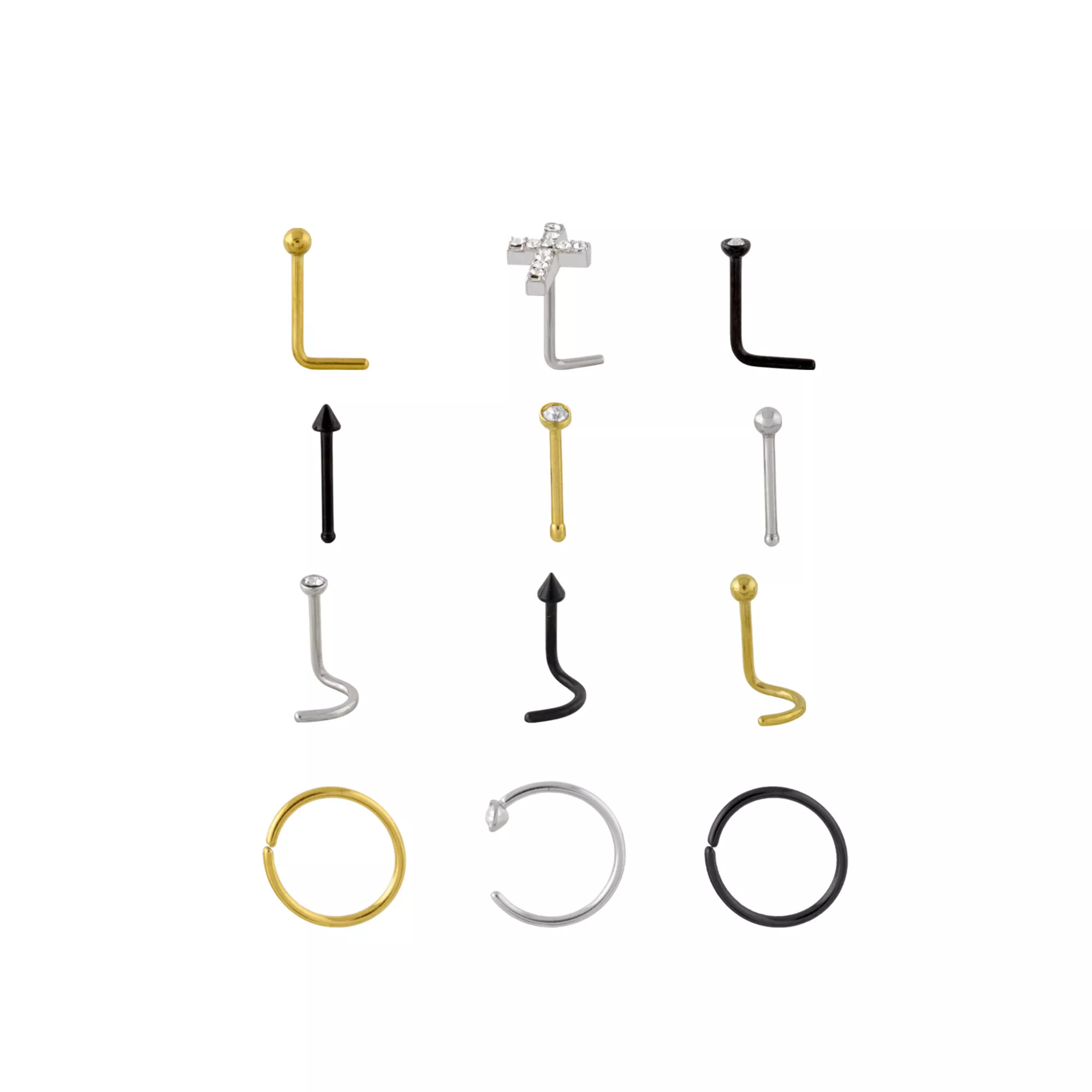 Multi-Pack CZ Cross Goldtone and Black Nose Rings 12 Pack - 20 Gauge at Spencer's