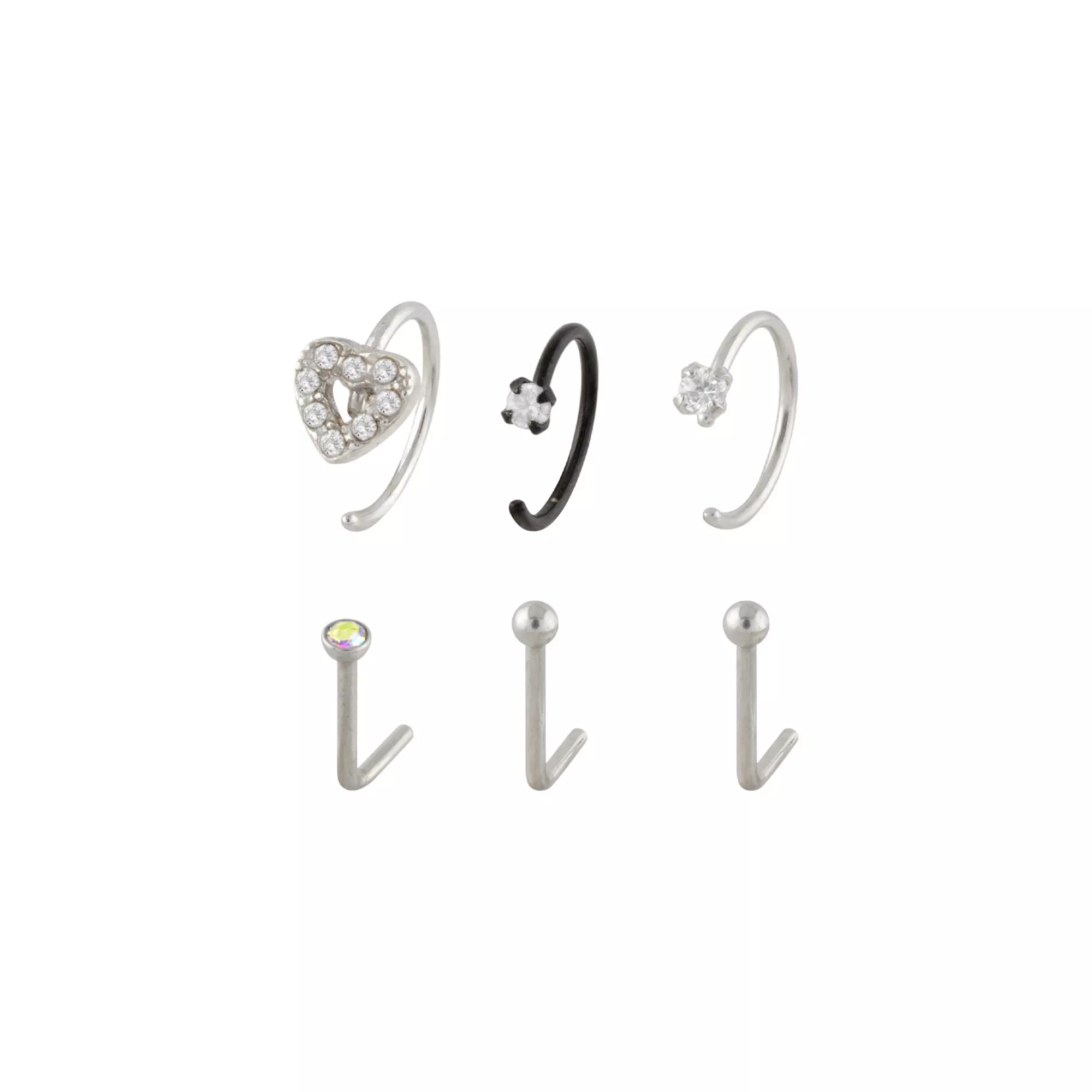 Multi-Pack CZ Crystal Heart Hoop and L-Bend Nose Rings 6 Pack - 20 Gauge at Spencer's