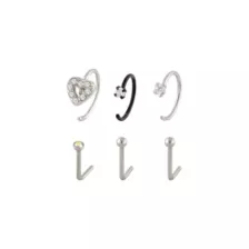 Multi-Pack CZ Crystal Heart Hoop and L-Bend Nose Rings 6 Pack - 20 Gauge at Spencer's