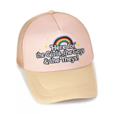 Here for the Girls, Gays, and Theys Trucker Hat at Spencer's