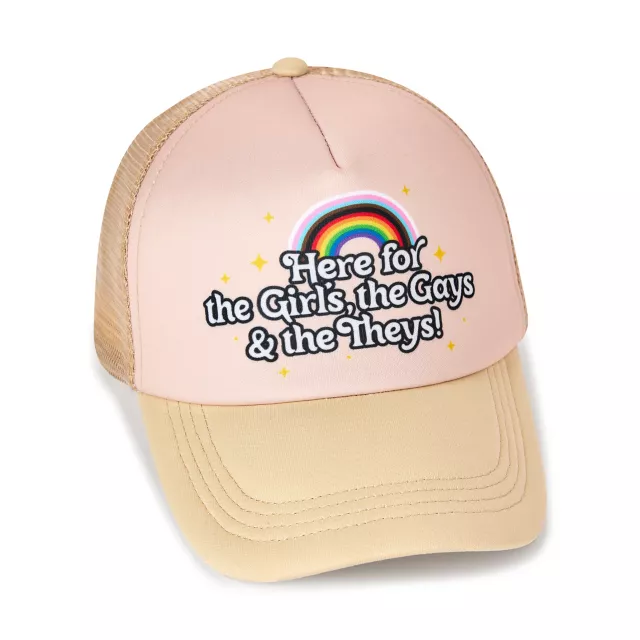 Here for the Girls, Gays, and Theys Trucker Hat at Spencer's