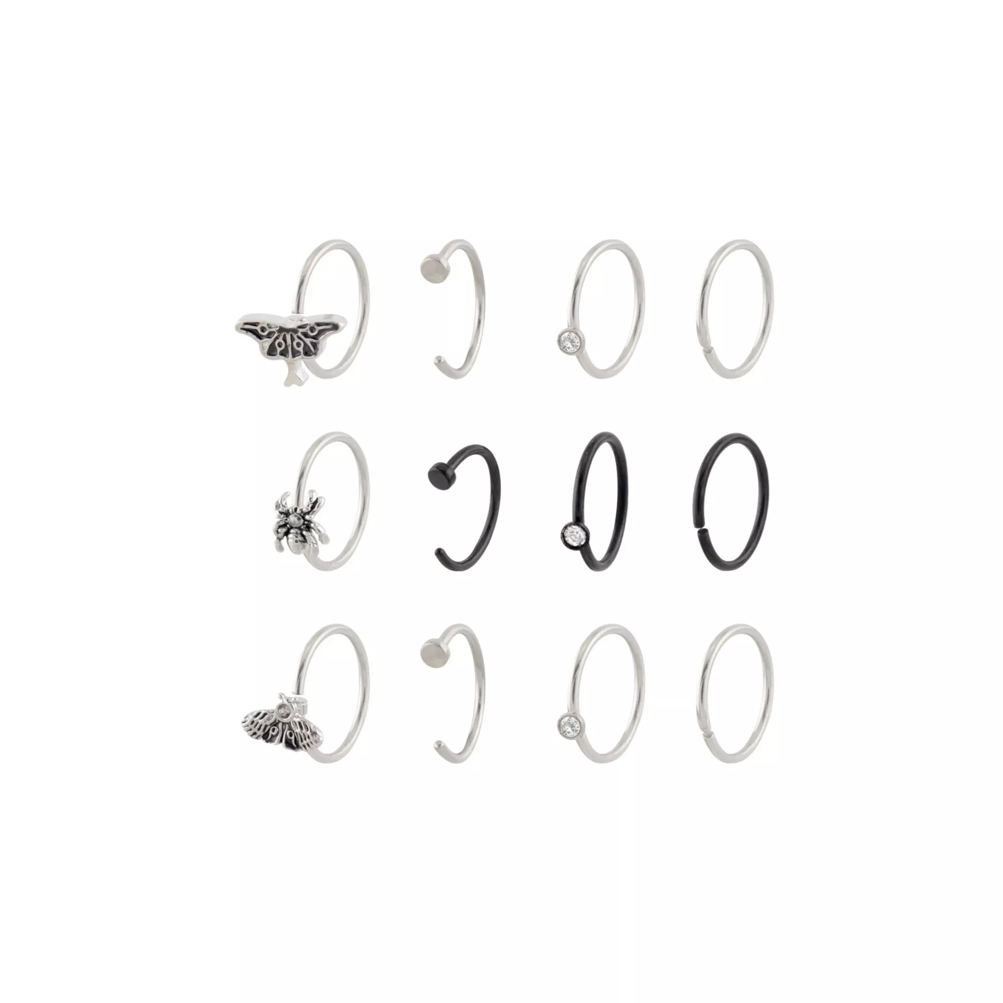 Multi-Pack CZ Moth and Spider Half Hoop Rings 12 Pack - 20 Gauge at Spencer's