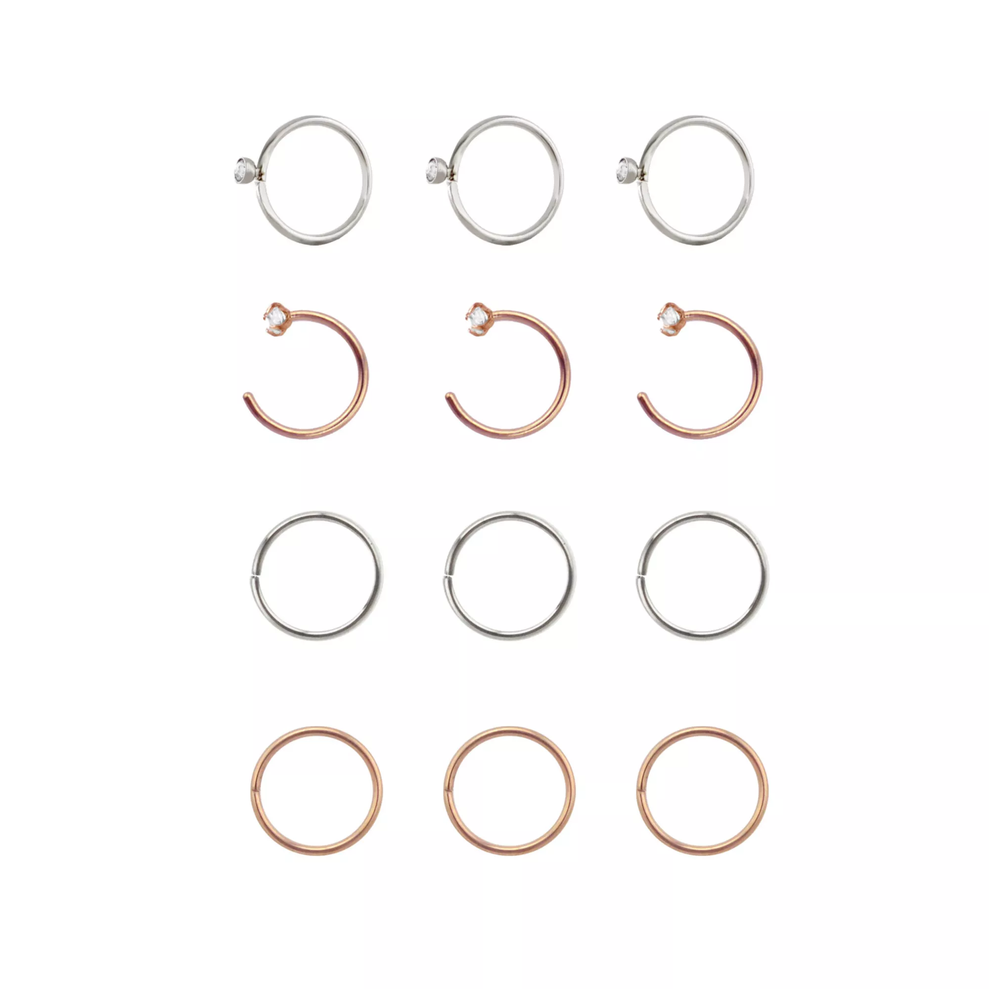 Multi-Pack CZ Rose Goldtone Silvertone and Goldtone Hoop and Half Hoop Nose Rings 12 Pack - 20 Gauge at Spencer's