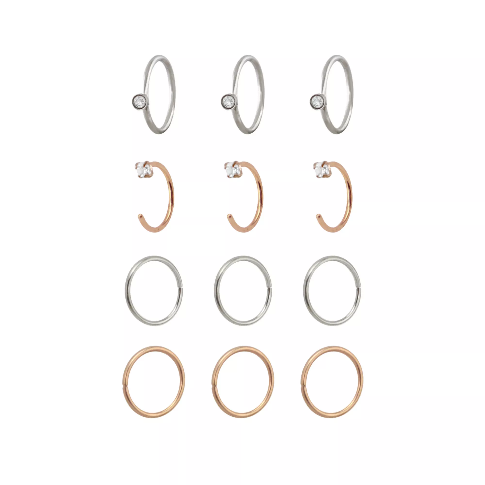 Multi-Pack CZ Rose Goldtone Silvertone and Goldtone Hoop and Half Hoop Nose Rings 12 Pack - 20 Gauge at Spencer's