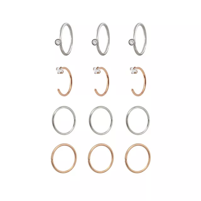 Multi-Pack CZ Rose Goldtone Silvertone and Goldtone Hoop and Half Hoop Nose Rings 12 Pack - 20 Gauge at Spencer's