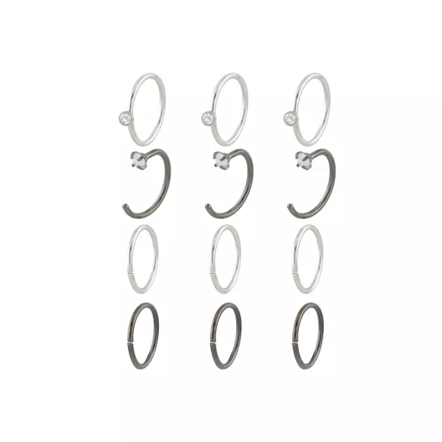 Multi-Pack CZ Silvertone and Black Hoop and Half Hoop Nose Rings 12 Pack - 20 Gauge at Spencer's