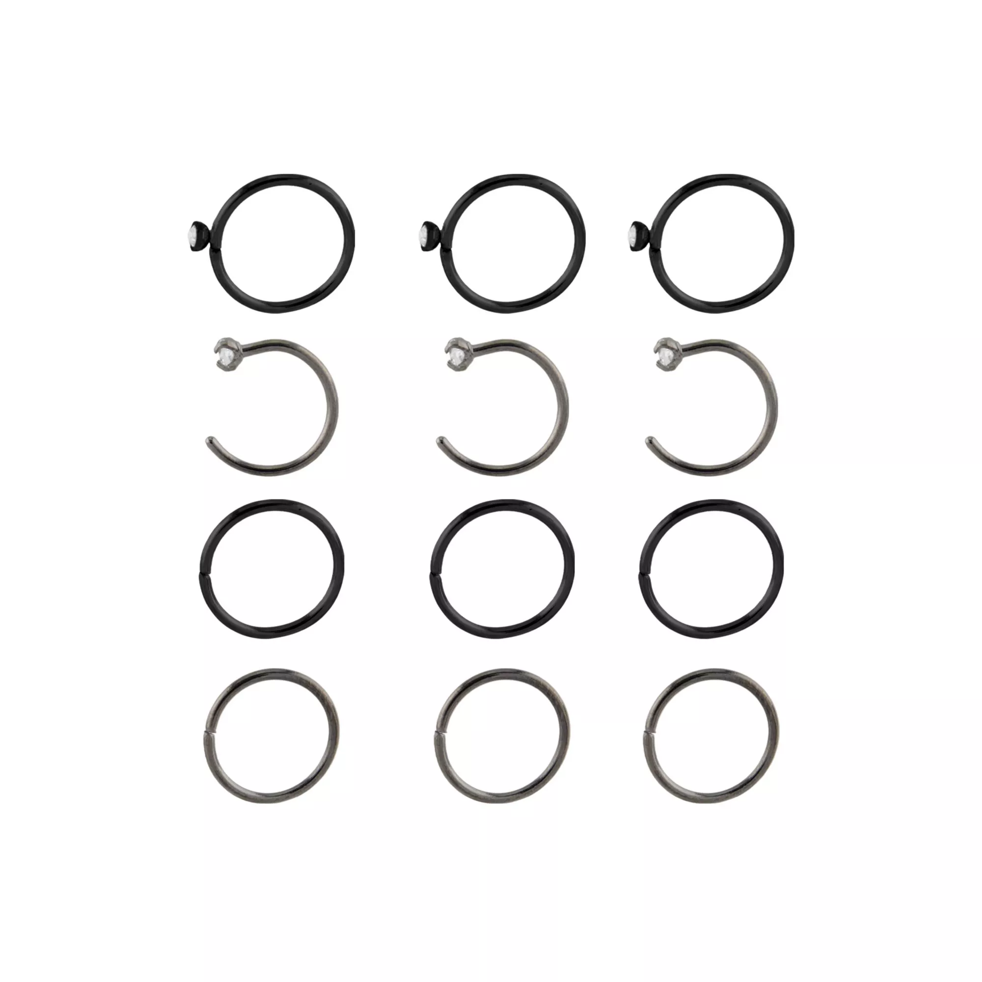 Multi-Pack CZ Black Hoop and Half Hoop Nose Rings 12 Pack - 20 Gauge at Spencer's