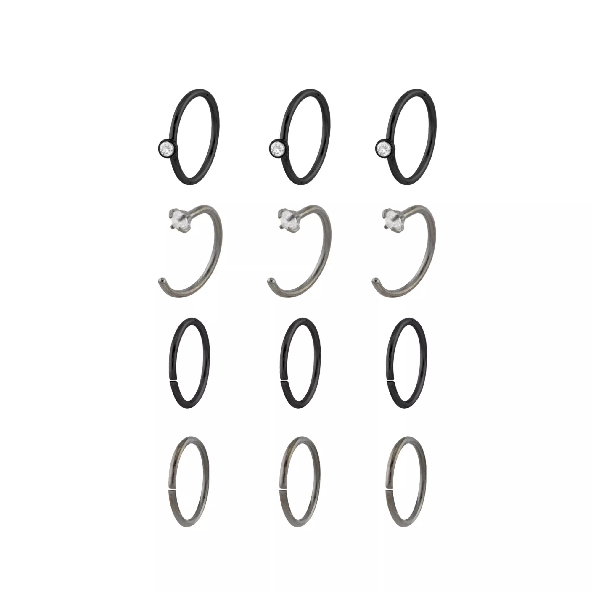 Multi-Pack CZ Black Hoop and Half Hoop Nose Rings 12 Pack - 20 Gauge at Spencer's