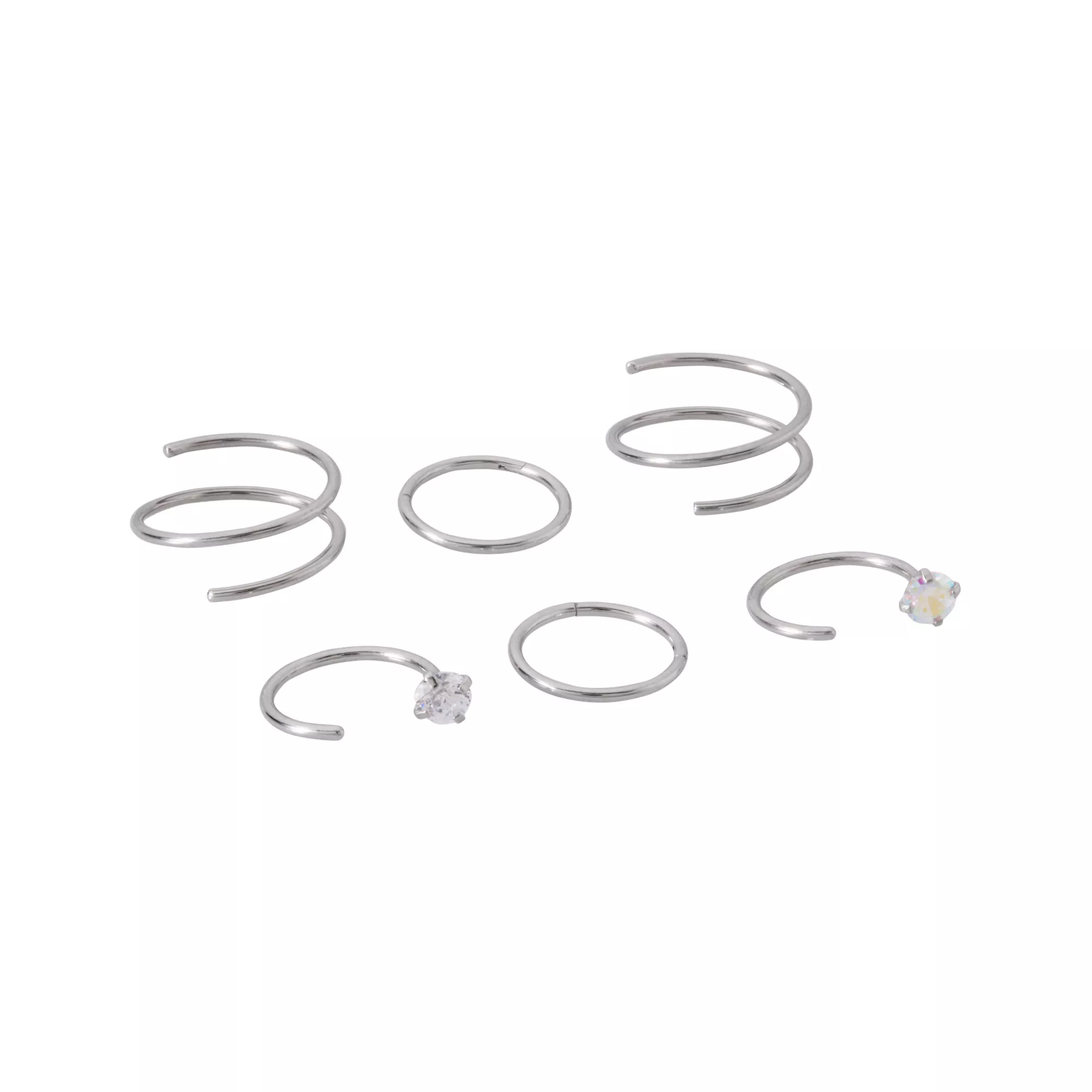Multi-Pack CZ Spiral Double Nose Hoop and Half Hoop Nose Rings 6 Pack - 20 Gauge at Spencer's