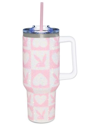 Playboy Pink and White Rhinestone Travel Tumbler with Straw - 40 oz.