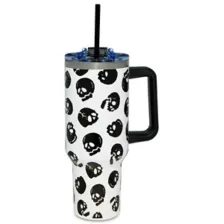 Black and White Glow in the Dark Skull Print Travel Cup with Straw - 40 oz. at Spencer's