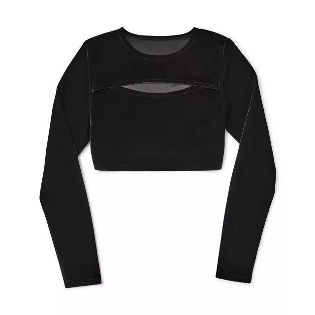 Long Sleeve Black Velvet Cutout Crop Top at Spencer's