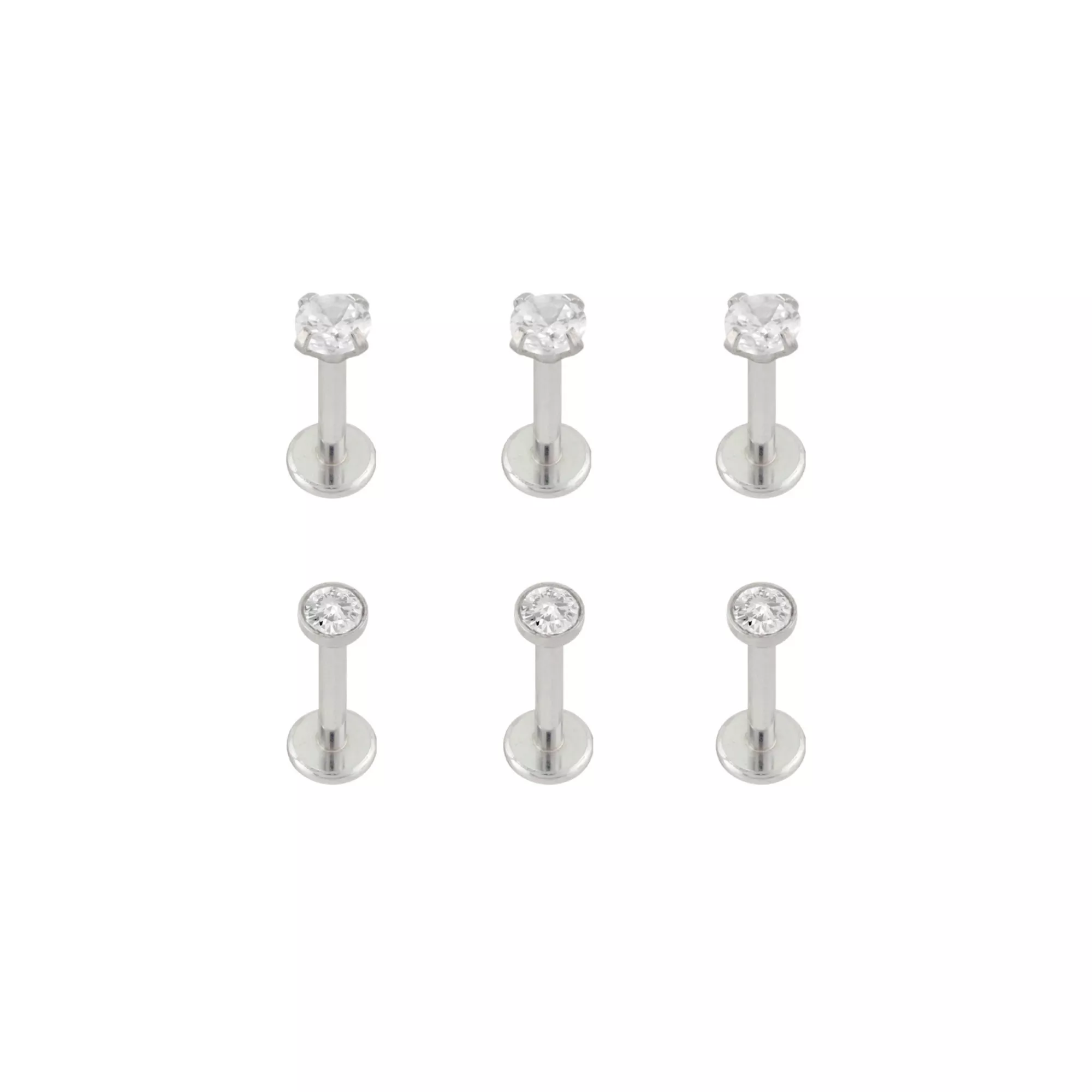 Multi-Pack CZ Silvertone Prong and Bezel Set Labret Lip Rings 6 Pack - 16 Gauge at Spencer's