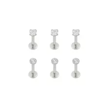Multi-Pack CZ Silvertone Prong and Bezel Set Labret Lip Rings 6 Pack - 16 Gauge at Spencer's