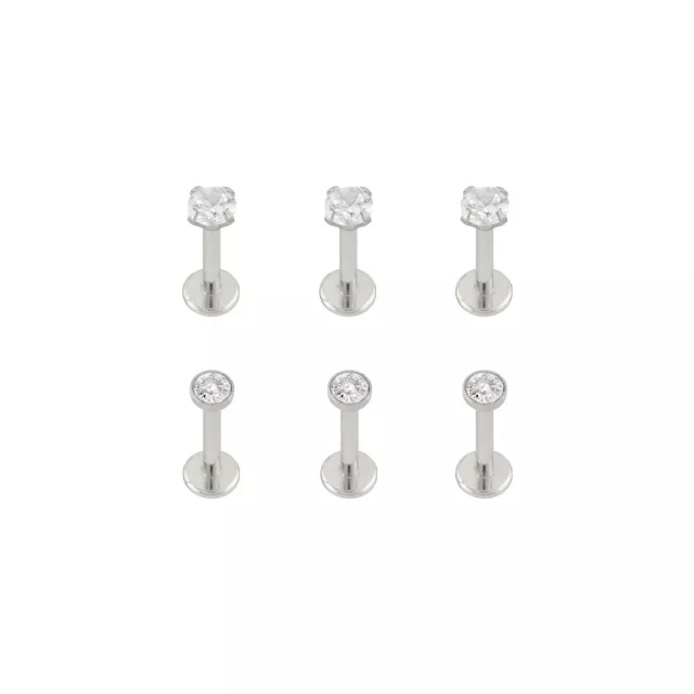 Multi-Pack CZ Silvertone Prong and Bezel Set Labret Lip Rings 6 Pack - 16 Gauge at Spencer's