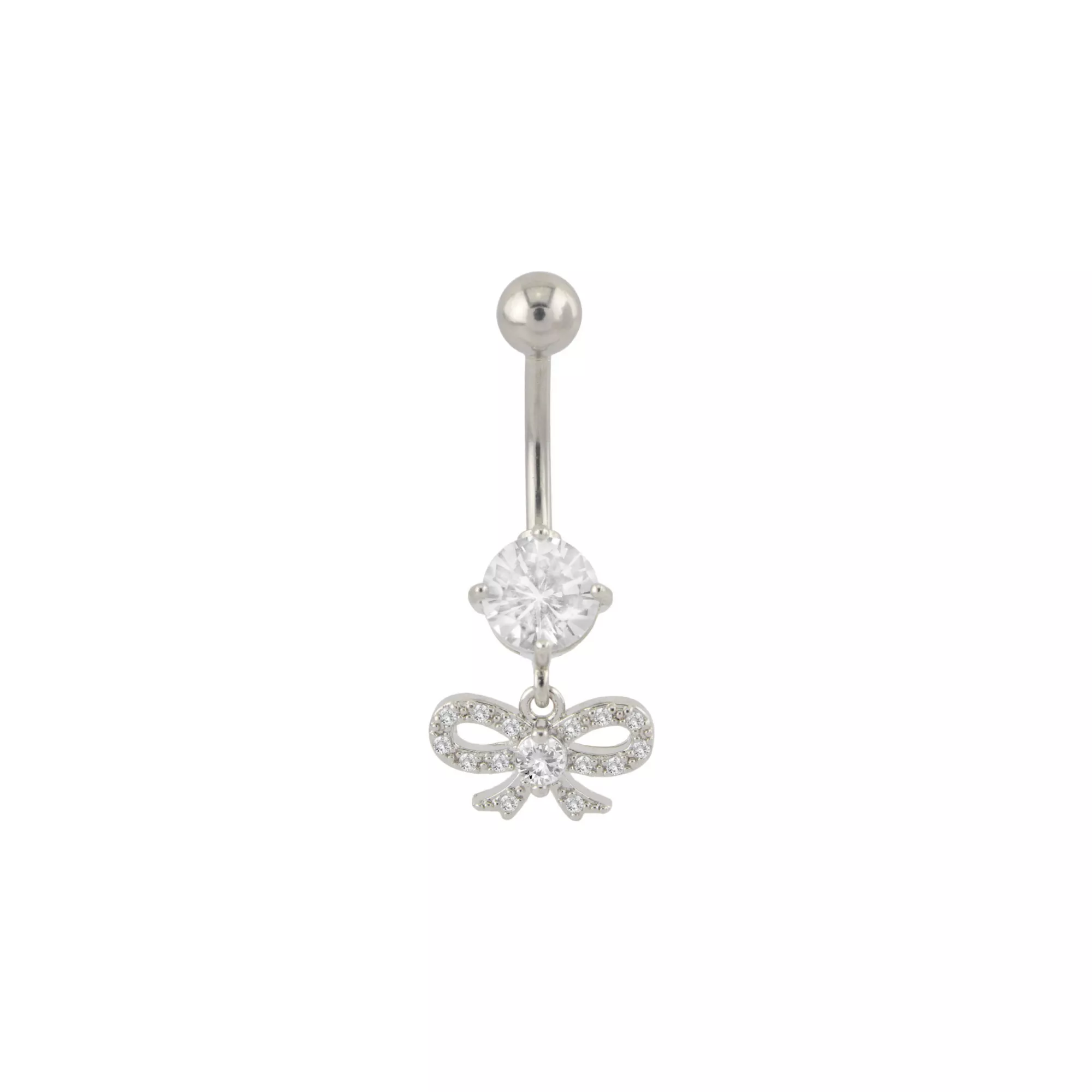 CZ Prong Bow Silvertone Dangle Belly Ring - 14 Gauge at Spencer's