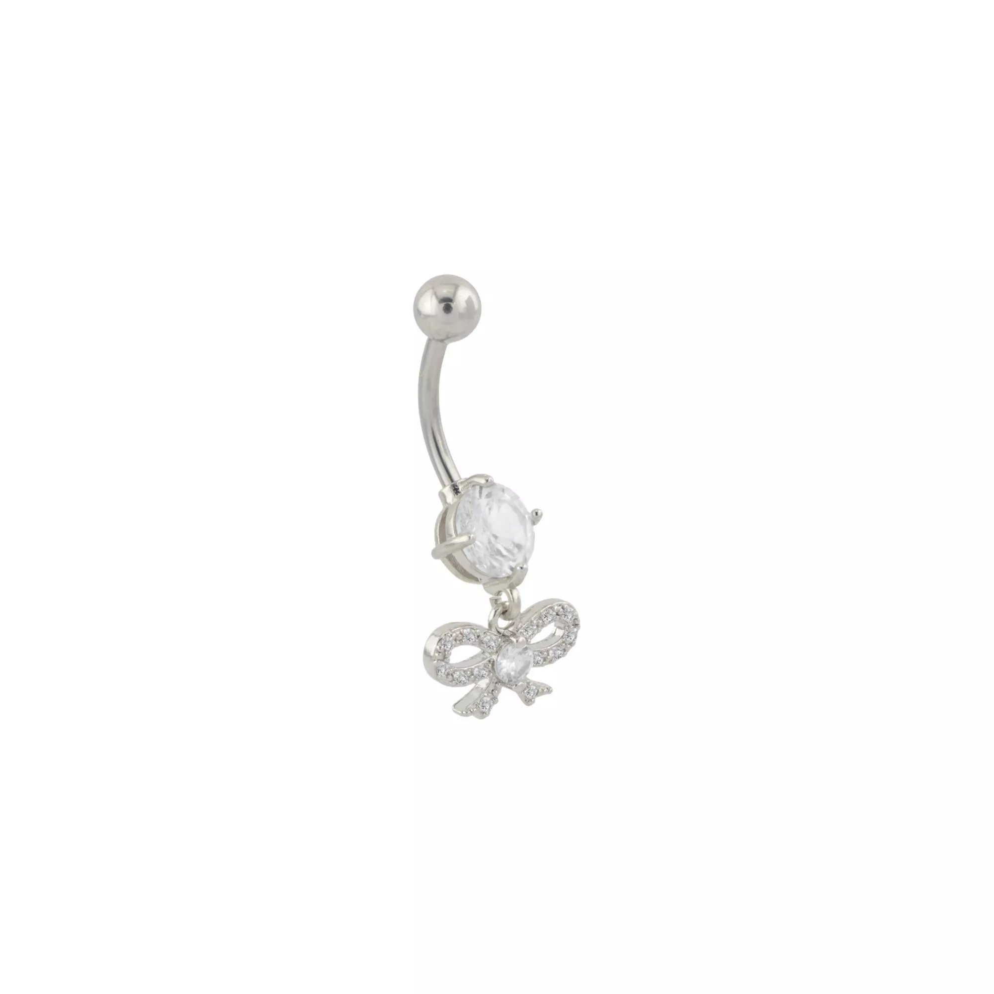 CZ Prong Bow Silvertone Dangle Belly Ring - 14 Gauge at Spencer's