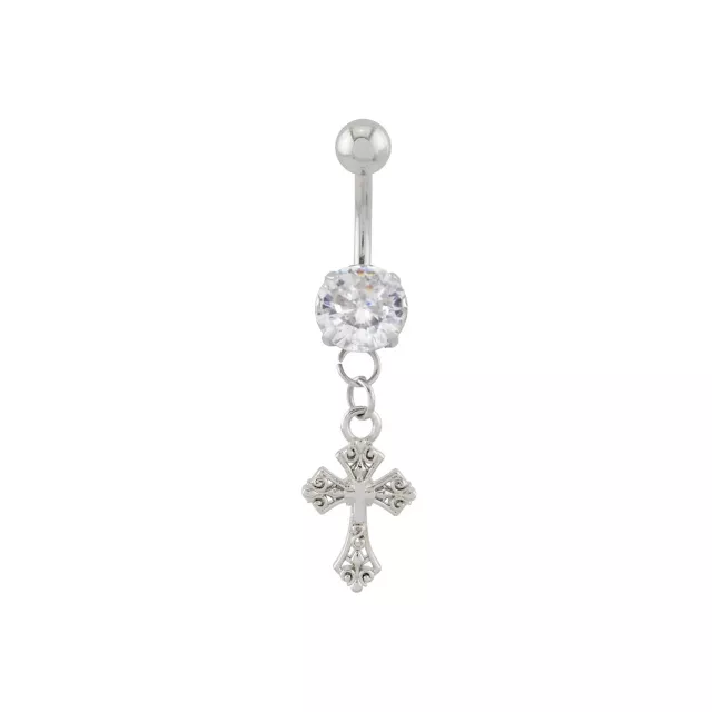 CZ Cross Titanium Dangle Belly Ring - 14 Gauge at Spencer's