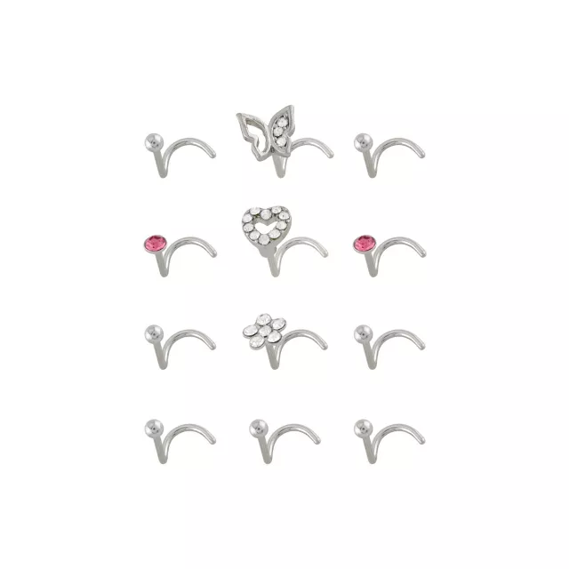 Multi-Pack CZ Multi-Color Butterfly Heart Flower Screw Nose Rings 12 Pack - 20 Gauge at Spencer's