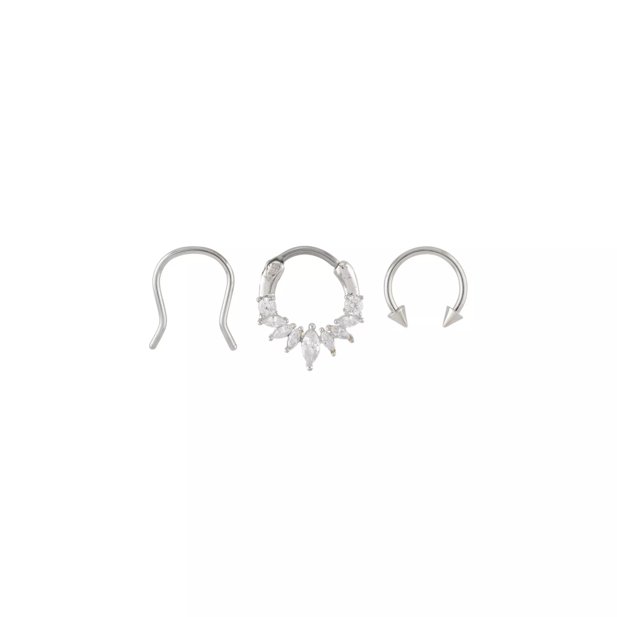 Multi-Pack CZ Titanium Clicker Septum Ring and Retainer and Spiked Horseshoe Ring 3 Pack - 16 Gauge at Spencer's