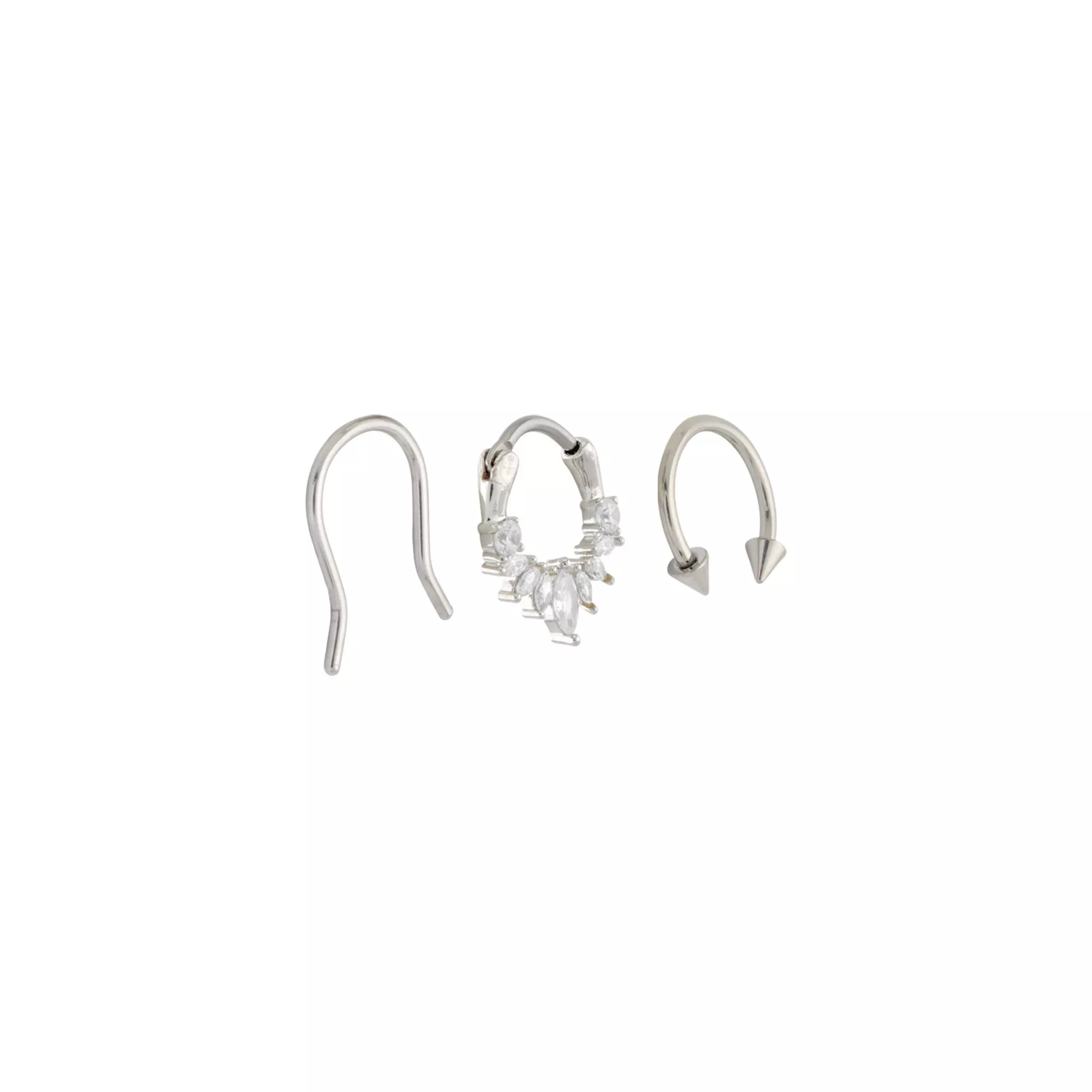Multi-Pack CZ Titanium Clicker Septum Ring and Retainer and Spiked Horseshoe Ring 3 Pack - 16 Gauge at Spencer's