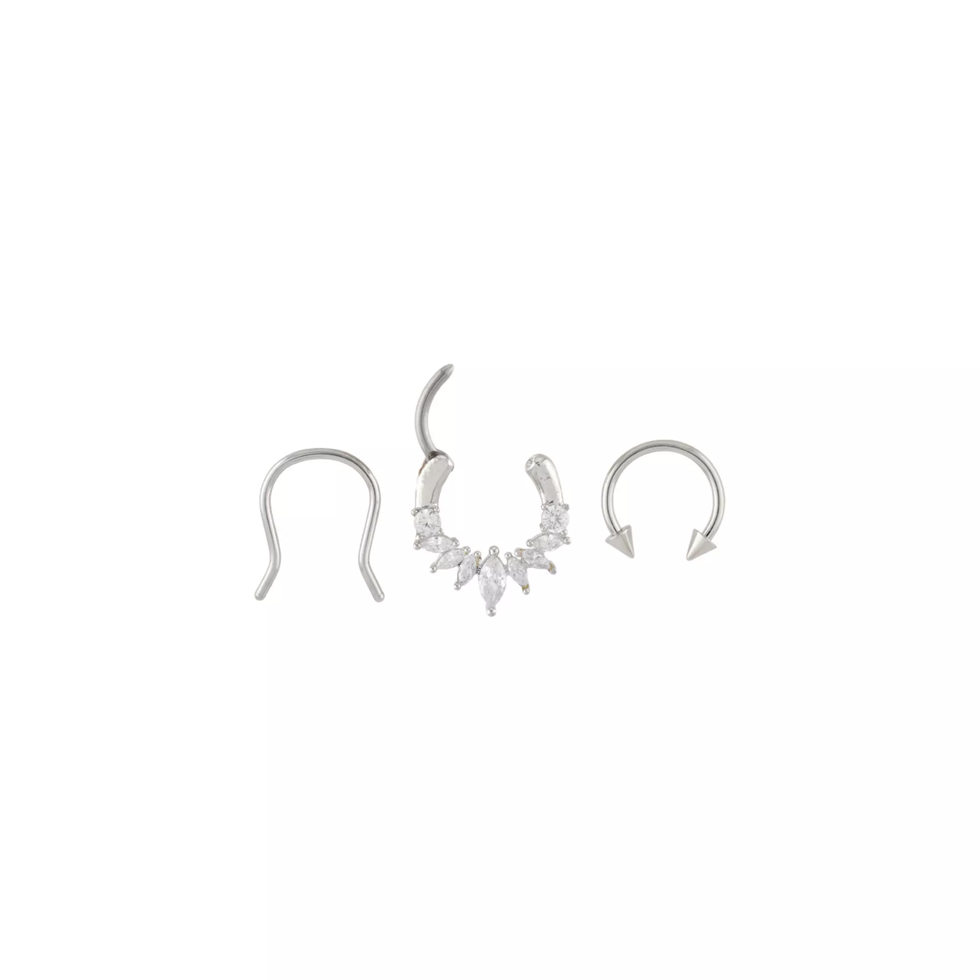 Multi-Pack CZ Titanium Clicker Septum Ring and Retainer and Spiked Horseshoe Ring 3 Pack - 16 Gauge at Spencer's