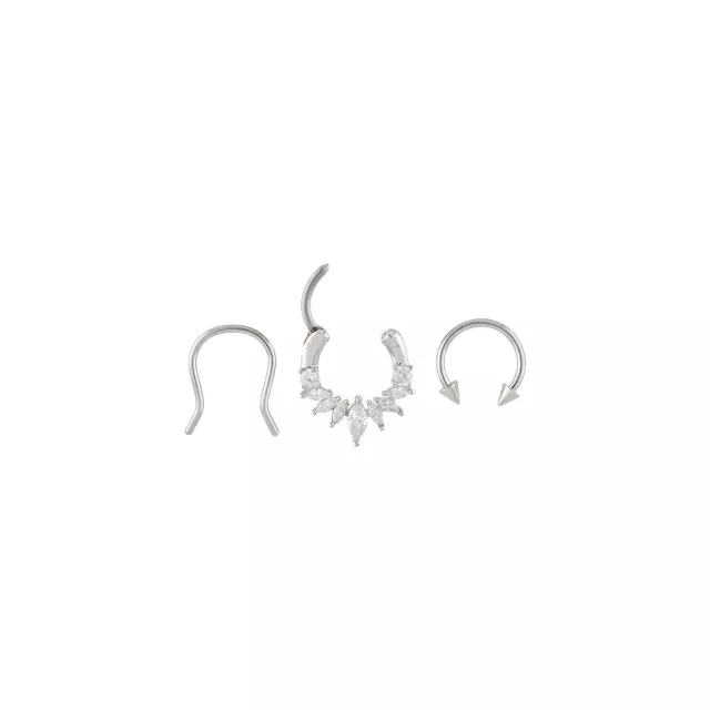 Multi-Pack CZ Titanium Clicker Septum Ring and Retainer and Spiked Horseshoe Ring 3 Pack - 16 Gauge at Spencer's