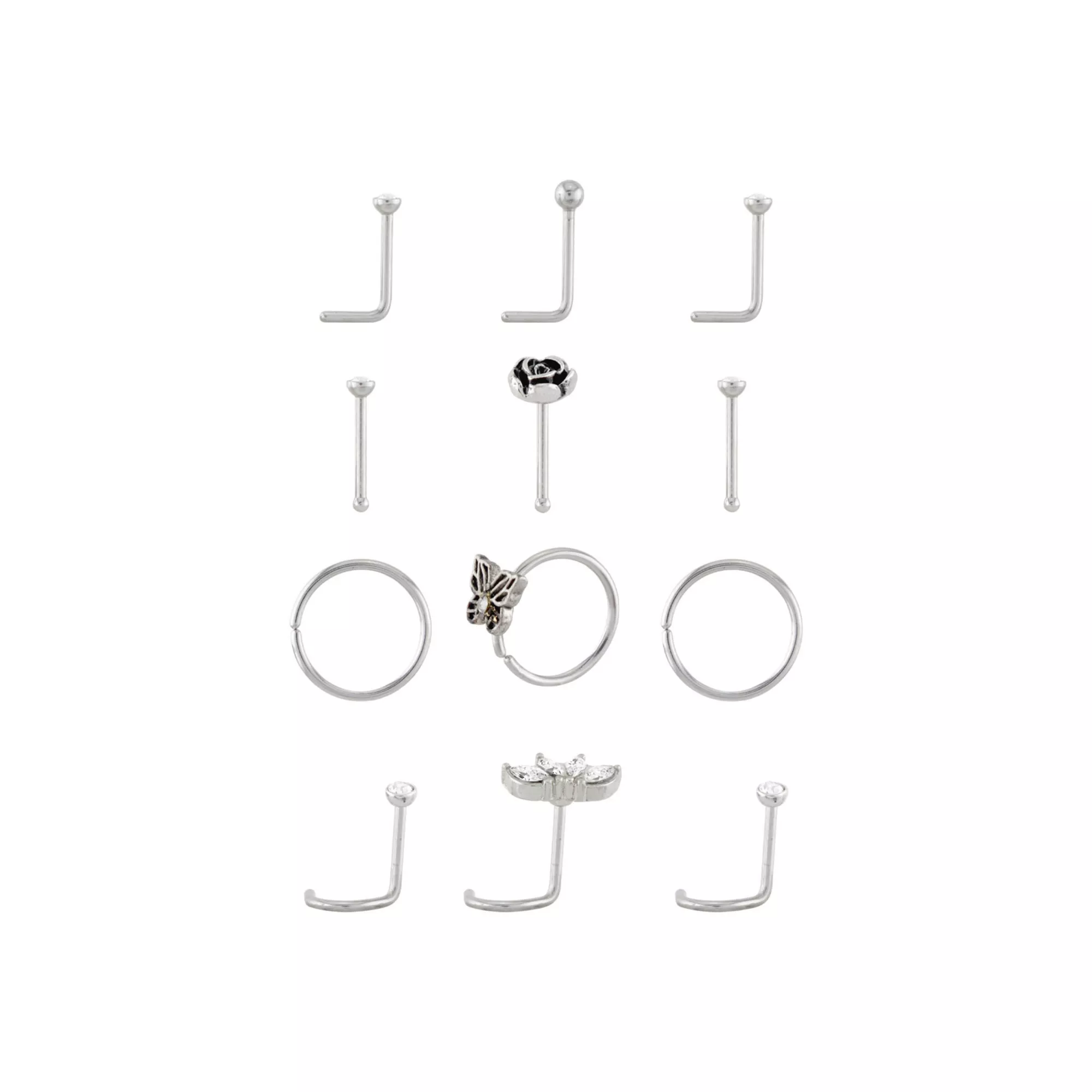 Multi-Pack CZ Butterfly Rose Silvertone Nose Pins L-Bend Hoop and Half Hoop and Screw Nose Rings 12 Pack - 20 Gauge at Spencer's