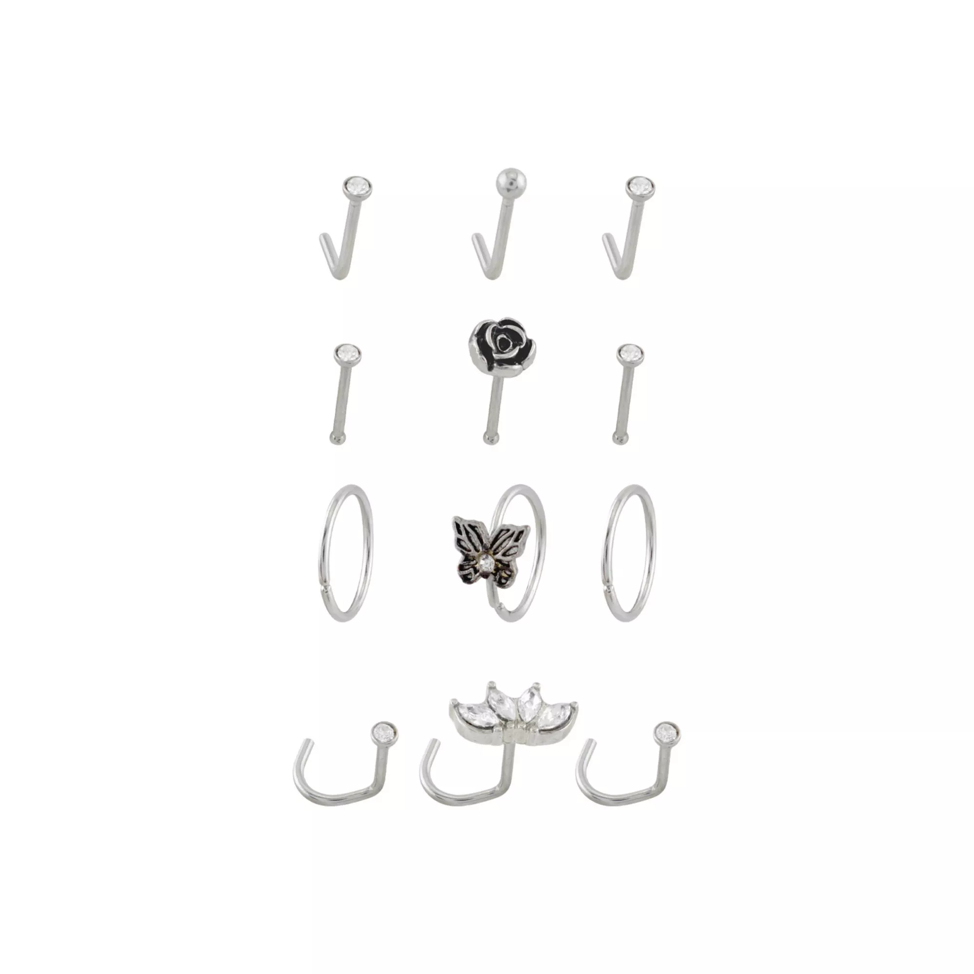 Multi-Pack CZ Butterfly Rose Silvertone Nose Pins L-Bend Hoop and Half Hoop and Screw Nose Rings 12 Pack - 20 Gauge at Spencer's