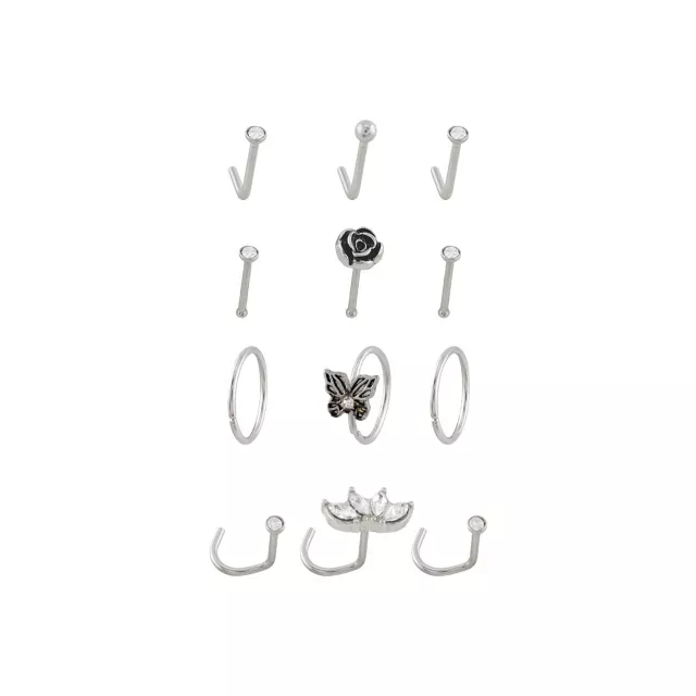 Multi-Pack CZ Butterfly Rose Silvertone Nose Pins L-Bend Hoop and Half Hoop and Screw Nose Rings 12 Pack - 20 Gauge at Spencer's