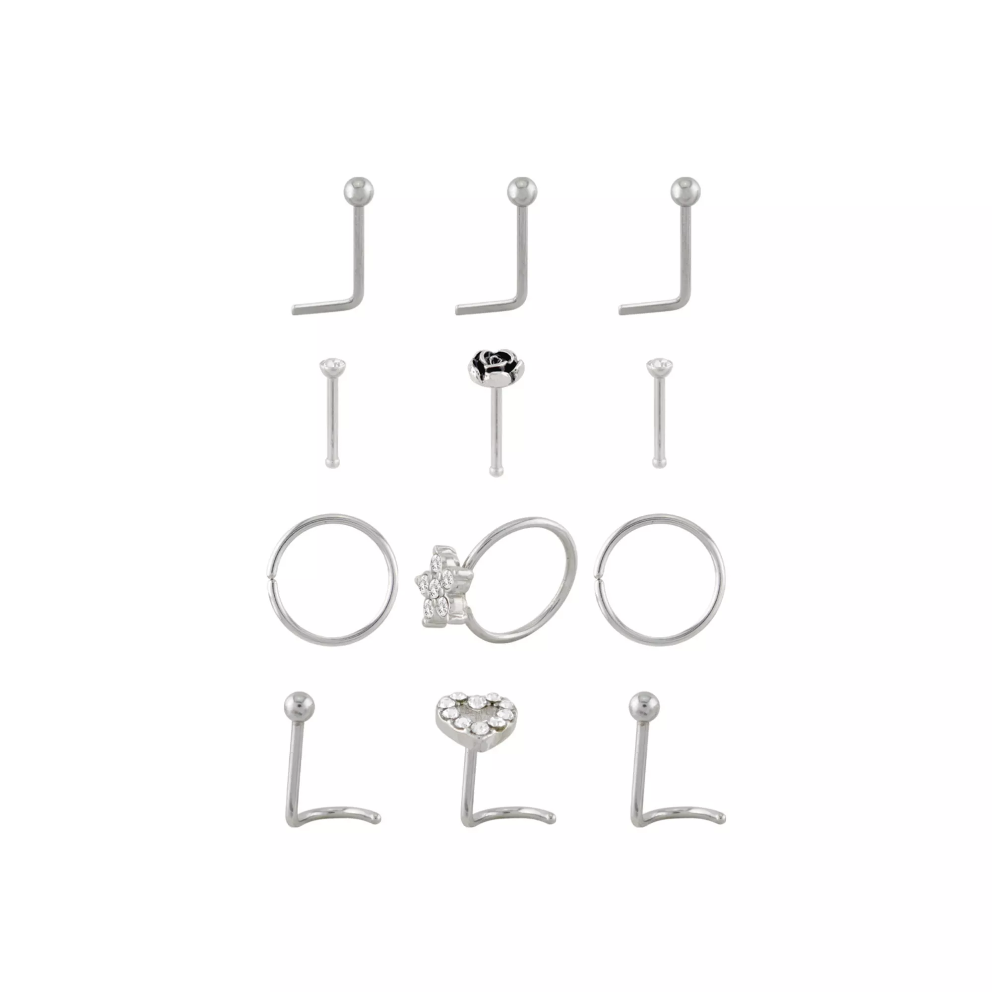 Multi-Pack CZ Flower Heart Silvertone Nose Pins L-Bend Hoop and Half Hoop and Screw Nose Rings 12 Pack - 20 Gauge at Spencer's