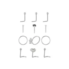 Multi-Pack CZ Flower Heart Silvertone Nose Pins L-Bend Hoop and Half Hoop and Screw Nose Rings 12 Pack - 20 Gauge at Spencer's