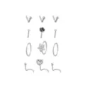 Multi-Pack CZ Flower Heart Silvertone Nose Pins L-Bend Hoop and Half Hoop and Screw Nose Rings 12 Pack - 20 Gauge at Spencer's