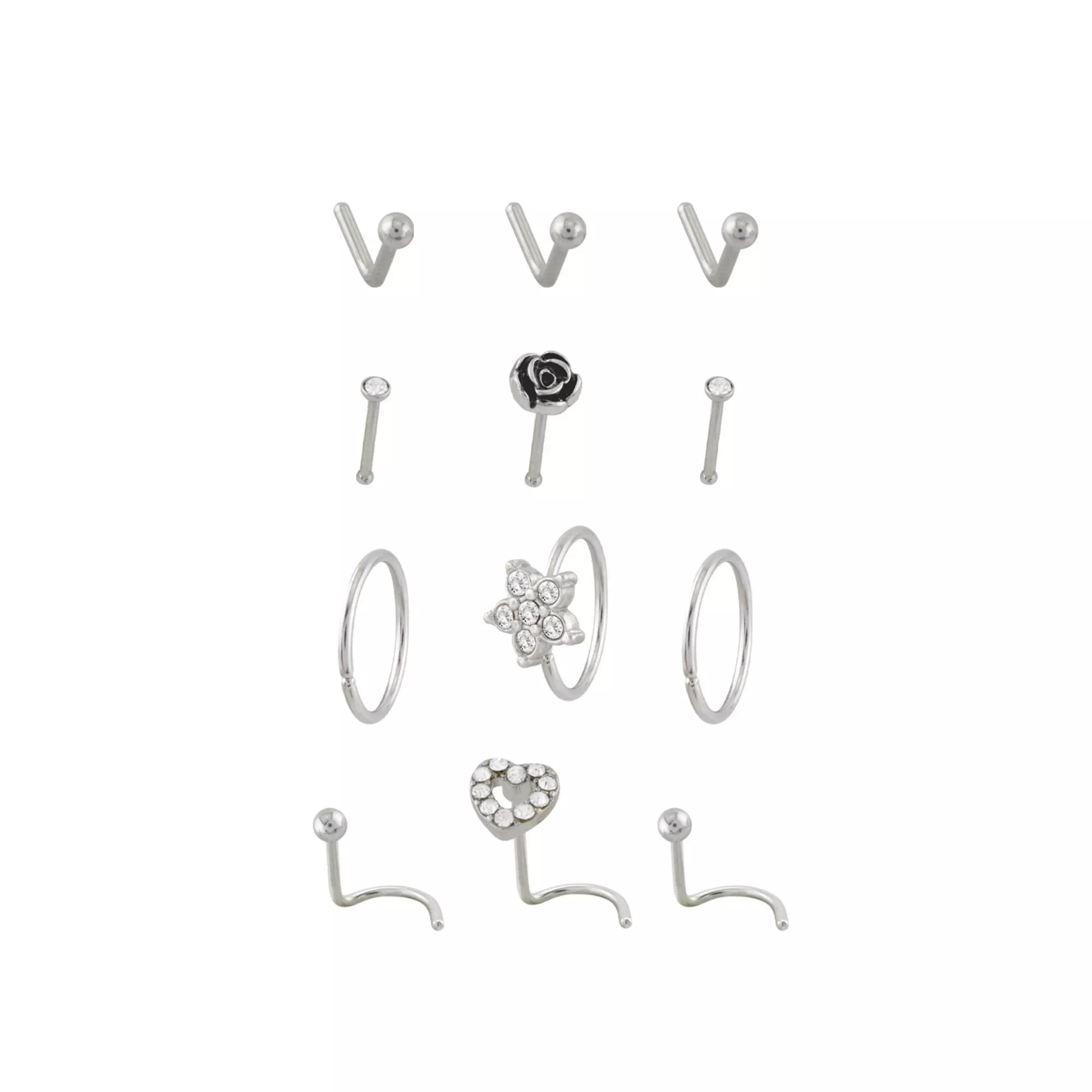 Multi-Pack CZ Flower Heart Silvertone Nose Pins L-Bend Hoop and Half Hoop and Screw Nose Rings 12 Pack - 20 Gauge at Spencer's