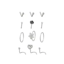 Multi-Pack CZ Flower Heart Silvertone Nose Pins L-Bend Hoop and Half Hoop and Screw Nose Rings 12 Pack - 20 Gauge at Spencer's