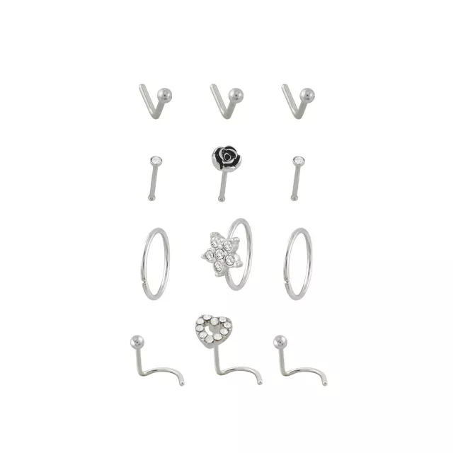 Multi-Pack CZ Flower Heart Silvertone Nose Pins L-Bend Hoop and Half Hoop and Screw Nose Rings 12 Pack - 20 Gauge at Spencer's