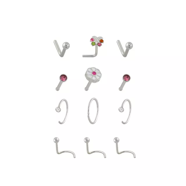 Multi-Pack CZ Butterfly Nose Pins L-Bend Hoop and Half Hoop and Screw Nose Rings 12 Pack - 20 Gauge at Spencer's